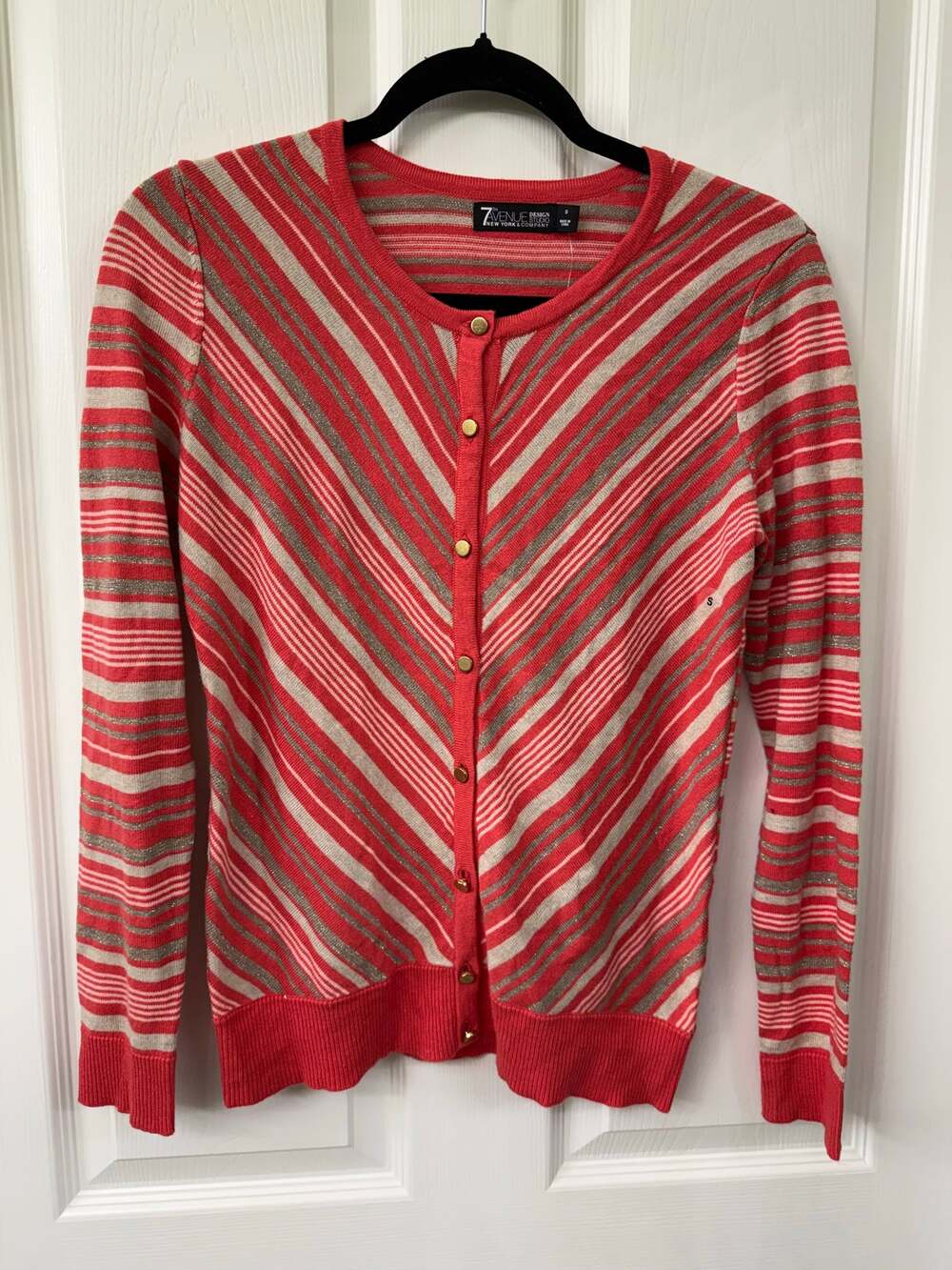7th Avenue New York & Company Pink & Gray Crew Neck Cardigan Sweater S New